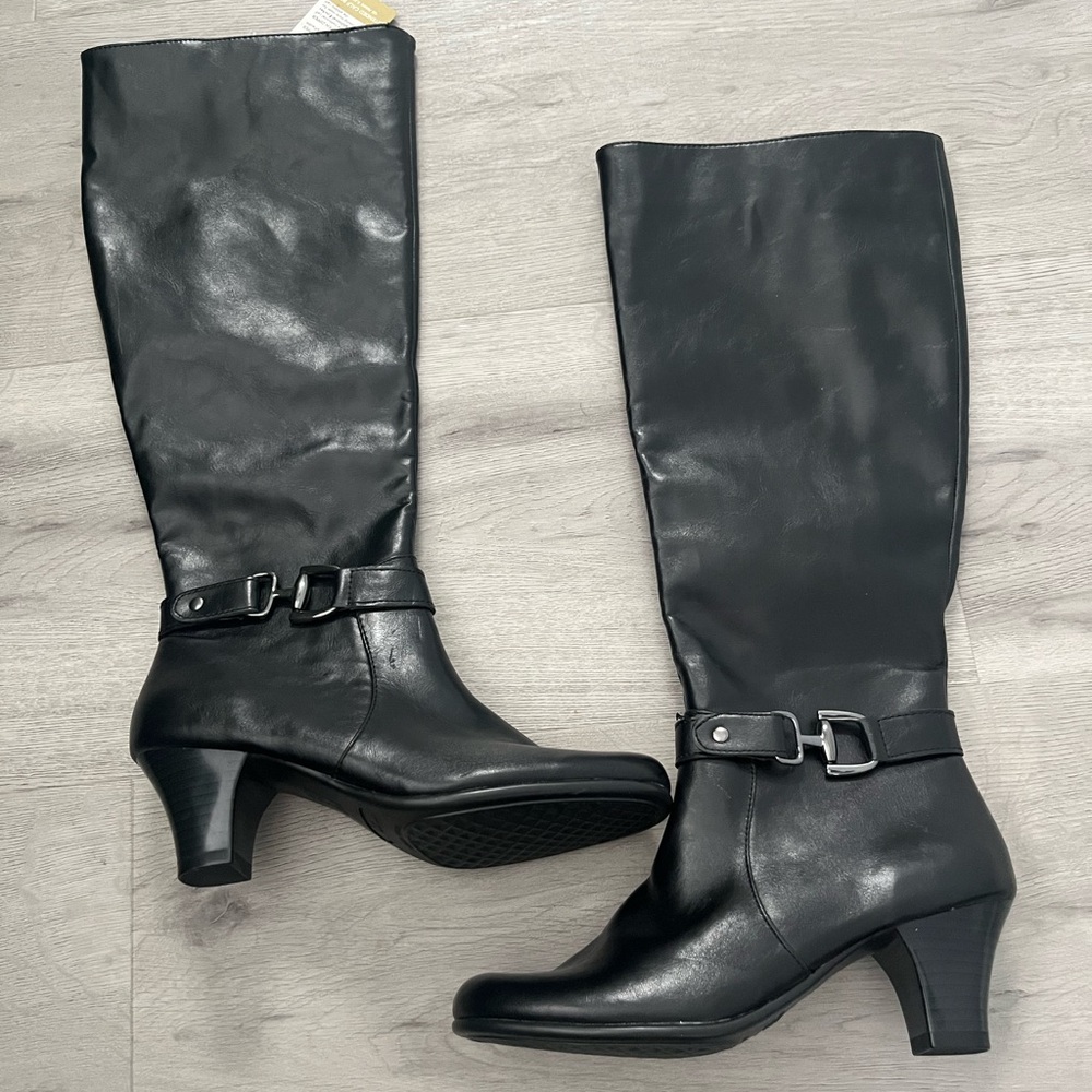 AEROSOLES Black Heeled Tall Boots With Kitten Heels Leather